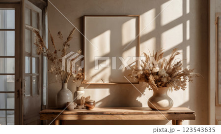 Minimalist wooden interior with framed artwork and dried flowers. 123543635
