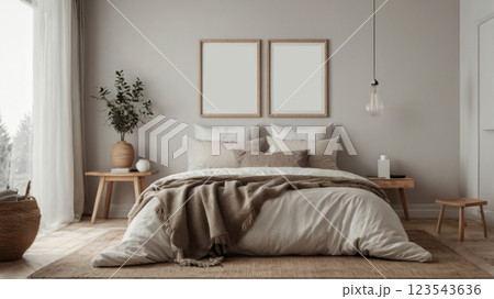 Modern luxury bedroom with elegant neutral decor. 123543636