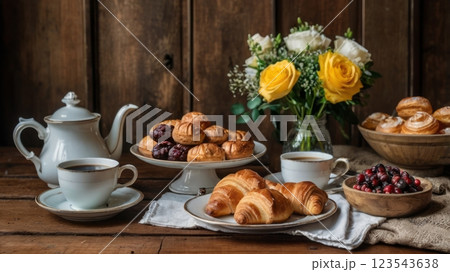 Rustic breakfast with coffee, pastries, and fresh berries. 123543638