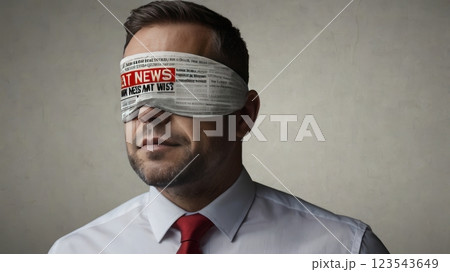 Man blindfolded with a newspaper symbolizing misinformation. 123543649