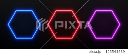 Neon light hexagon frame. Borders with led glow in blue, red and purple. Vector fluorescent empty template for design with space for text. Neon light hexagon frame. Borders with led glow in blue, red and purple. Vector fluorescent empty template for design with space for text. 123543689