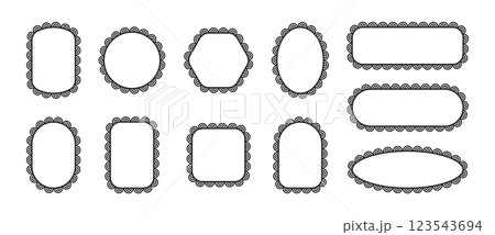 Frame with scallop pattern on edge. Lace borders of geometric shapes ellipse, circle and square. Set of black vector blank templates for design isolated on white background. 123543694