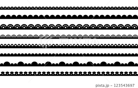 Lace border edge. Scallop pattern on fabric ribbon. Vector set of lines with ornament isolated illustration on white background. Lace border edge. Scallop pattern on fabric ribbon. Vector set of lines with ornament isolated illustration on white background. 123543697