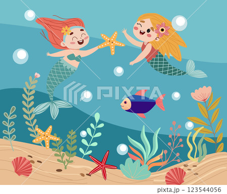 Cute fairy background  of Little mermaids 123544056