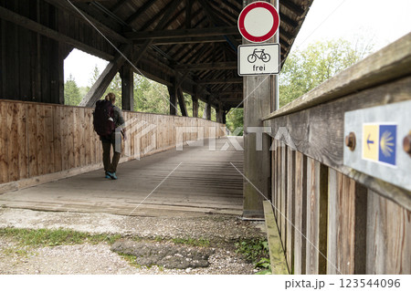 Wooden bridge at Way of St. James Isar Loisach Tiroler Ache Inn Wooden bridge at Way of St. James Isar Loisach Tiroler Ache Inn 123544096
