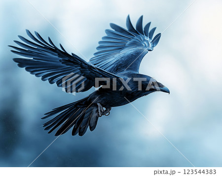 Majestic raven in mid-flight with fully extended wings Majestic raven in mid-flight with fully extended wings 123544383