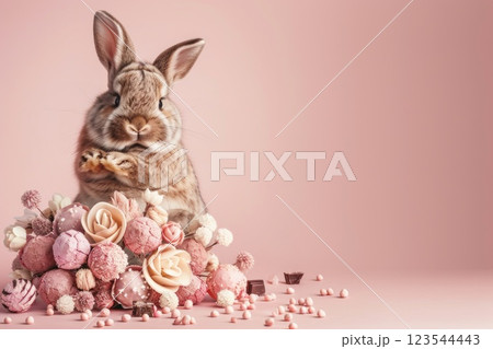 Rabbit sits behind bouquet of chocolate flowers and candies in pink setting Rabbit sits behind bouquet of chocolate flowers and candies in pink setting 123544443