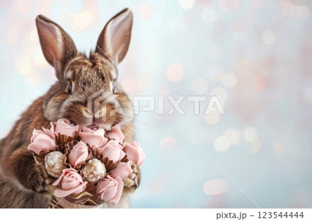 Adorable rabbit hugging chocolate bouquet of roses and candies 123544444