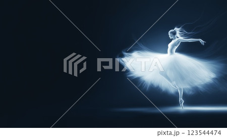 Ethereal ballet dancer capturing graceful movement against dark backdrop 123544474