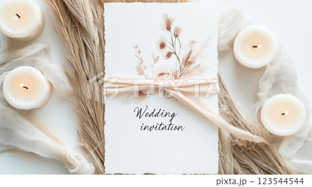 Wedding invitation with floral watercolor, candles and dry plants on white background 123544544
