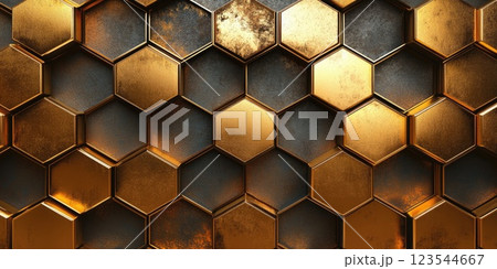 Hexagonal pattern with metallic texture and warm golden hues showcasing intricate design elements in a visually striking arrangement 123544667