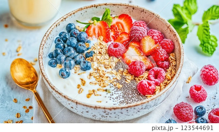 Fresh fruit and granola bowl served at a bright kitchen table with healthy ingredients in the morning Fresh fruit and granola bowl served at a bright kitchen table with healthy ingredients in the morning 123544691