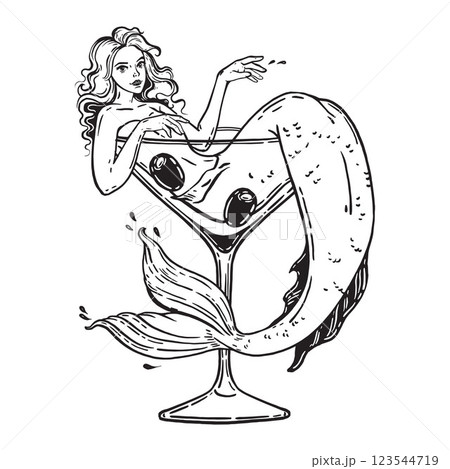 Mermaid cocktail glass illustration, vector hand drawn bachelorette party invitation card design.  123544719
