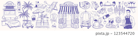Hotel doodle set, hand drawn summer vacation vector illustration, wedding honeymoon rest line print. 123544720
