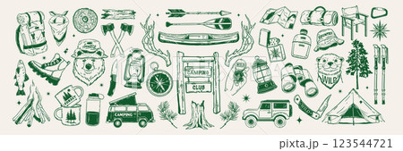 Camping doodle icon set, forest adventure hand drawn vector line sticker, woodland hiking objects.  123544721