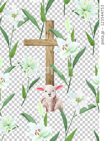 Wooden cross with crown of thorns, lily garland and a lamb watercolor seamless pattern isolated on white. Illustration perfect for Easter, Holy Thursday, baptism, wedding cards, stickers decor design Wooden cross with crown of thorns, lily garland and a lamb watercolor seamless pattern isolated on white. Illustration perfect for Easter, Holy Thursday, baptism, wedding cards, stickers decor design 123544753