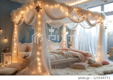Cozy and illuminated bedroom with draped decorations and soft furnishings creates a dreamy atmosphere for relaxation Cozy and illuminated bedroom with draped decorations and soft furnishings creates a dreamy atmosphere for relaxation 123544771