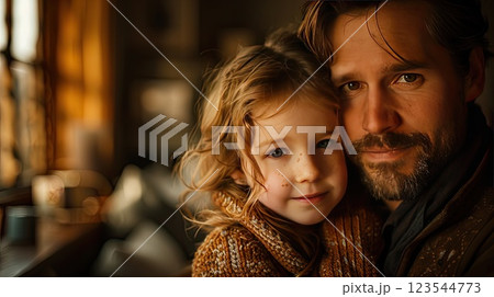 Joyful moment between father and daughter captured indoors during golden hour in a cozy setting 123544773