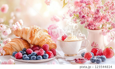 Delicious breakfast spread with croissants, berries, and fresh flowers in a bright setting Delicious breakfast spread with croissants, berries, and fresh flowers in a bright setting 123544814