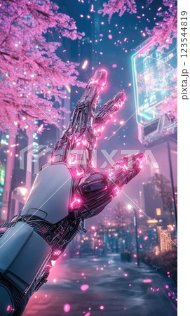 Futuristic robotic hand reaching out amidst neon cherry blossoms in a vibrant urban landscape 123544819