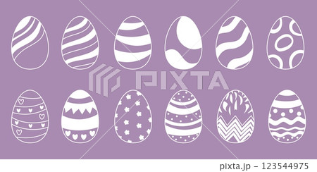 Easter egg set with outline decorative patterns on purple background 123544975