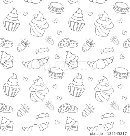 Sweet doodle is a seamless pattern of candies, muffins, goodies, pies and berries. Culinary background, wallpaper, packaging for pastry shops, coloring book, black and white. 123545217