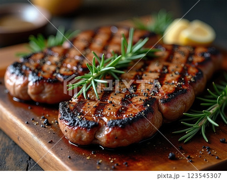 Rustic Grilled Steaks with Fresh Vegetables on Wooden Platter 123545307
