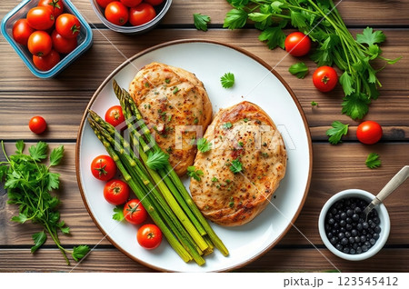 Rustic Gourmet Plate with Grilled Meat, Asparagus, and Roasted Cherry Tomatoes Rustic Gourmet Plate with Grilled Meat, Asparagus, and Roasted Cherry Tomatoes 123545412