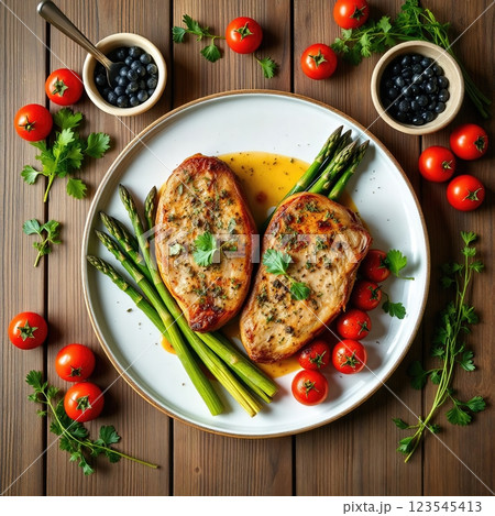 Rustic Gourmet Plate with Grilled Meat, Asparagus, and Roasted Cherry Tomatoes Rustic Gourmet Plate with Grilled Meat, Asparagus, and Roasted Cherry Tomatoes 123545413