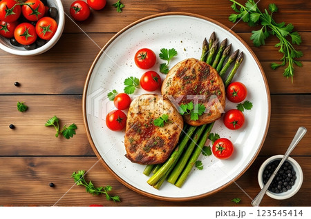 Rustic Gourmet Plate with Grilled Meat, Asparagus, and Roasted Cherry Tomatoes Rustic Gourmet Plate with Grilled Meat, Asparagus, and Roasted Cherry Tomatoes 123545414