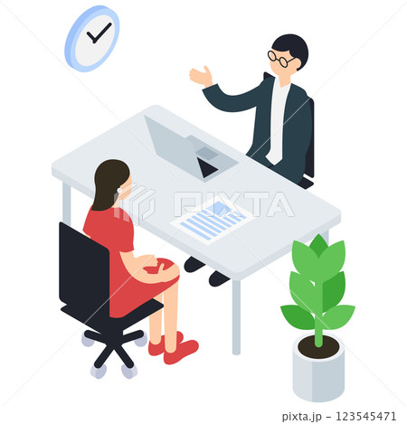 男性のアドバイザーに相談する女性のアイソメトリックイラスト 123545471