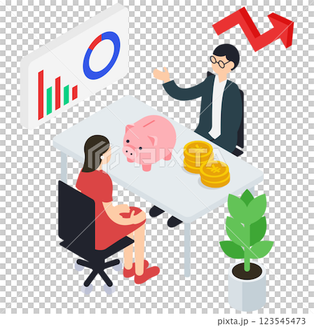 Isometric illustration of a woman consulting with a male financial planner 123545473