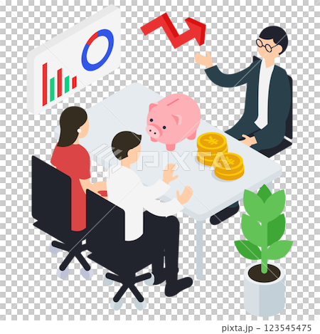 Isometric illustration of a couple consulting with a male financial planner 123545475