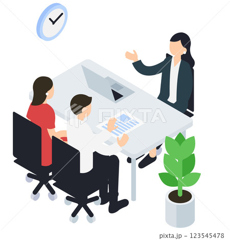 ビジネスにおける会議・相談をする人々のアイソメトリックイラスト 123545478
