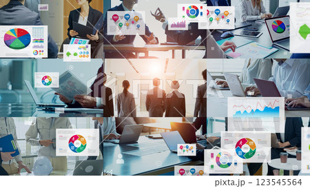 様々なビジネスシーンと書類のコラージュイメージ 123545564