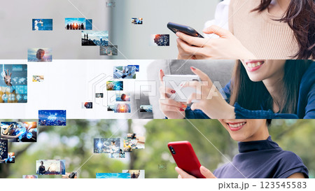 スマホを使う人々と映像コンテンツのコラージュイメージ スマホを使う人々と映像コンテンツのコラージュイメージ 123545583