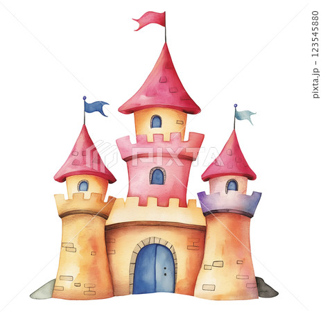 Fairy-tale castle with red rooftops and colorful flags stands isolated on white background. 123545880