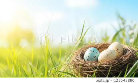 Soft speckled eggs rest in a natural bird's nest among fresh green grass under a bright spring sky. Soft speckled eggs rest in a natural bird's nest among fresh green grass under a bright spring sky. 123545890