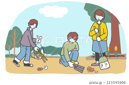 公園でゴミ拾いをする人々のイラスト 123545906