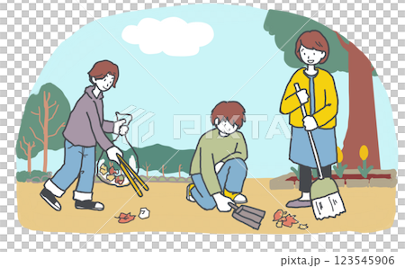 公園でゴミ拾いをする人々のイラスト 123545906
