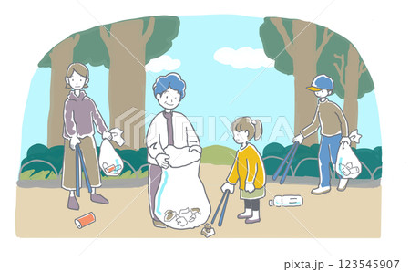 公園でゴミ拾いをする人々のイラスト 123545907