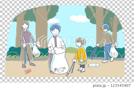 公園でゴミ拾いをする人々のイラスト 123545907