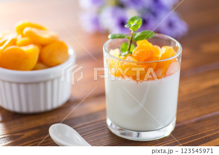 Light fruit yogurt with dried apricots on dark wooden table Light fruit yogurt with dried apricots on dark wooden table 123545971