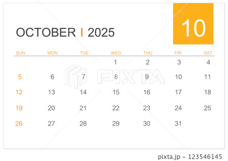 October calendar page for 2025 year isolated on white background. 123546145
