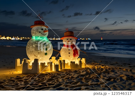 Smiling snowman on the sea beach. Holiday concept can be used for New Year and Christmas Cards Smiling snowman on the sea beach. Holiday concept can be used for New Year and Christmas Cards 123546317