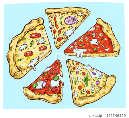 round pizza slices with explosive effect. vector illustration in cartoon style round pizza slices with explosive effect. vector illustration in cartoon style 123546330