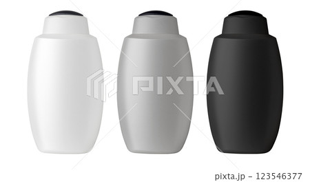 plastic cosmetic bottles with black flip-top cap standing on white background 123546377
