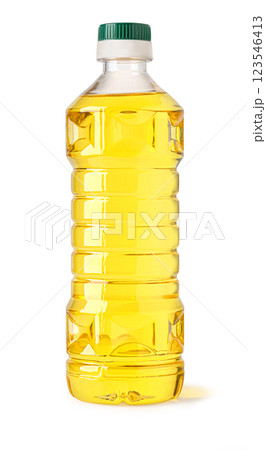 Plastic bottle full of golden sunflower oil on white background Plastic bottle full of golden sunflower oil on white background 123546413