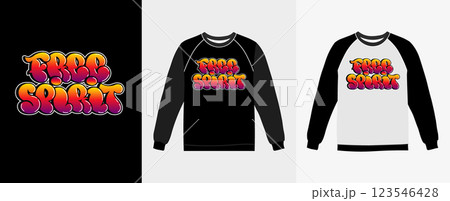 A Free Spirit graffiti design is displayed on black and white sweatshirt apparel mockups. 123546428