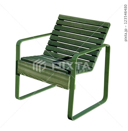 Modern green wooden outdoor chair with metal frame on white background 123546480